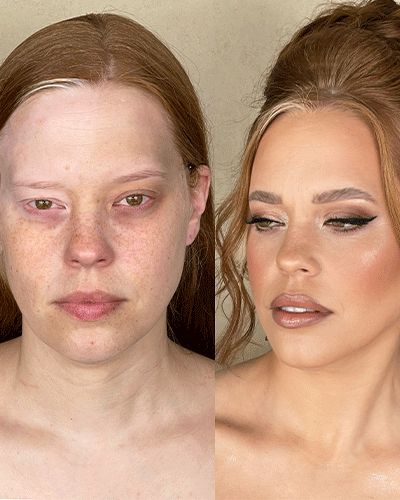 Vorher-Nachher-Bild einer Frau ohne Make-up und danach mit glamourösem Braut-Make-up und Frisur