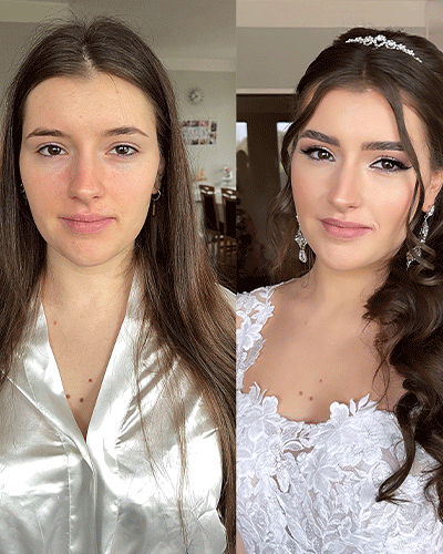 Vorher-Nachher-Bild einer jungen Frau ohne Styling und danach als Braut mit Make-up, Locken und Diadem