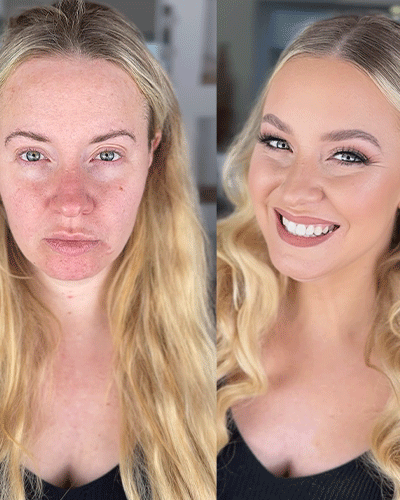 Vorher-Nachher-Bild einer Frau ungeschminkt und danach mit strahlendem Abend-Make-up und Locken