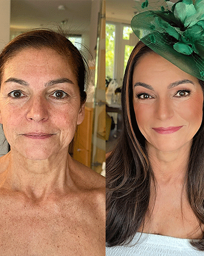 Vorher-Nachher-Bild einer Frau ohne Make-up und danach mit festlichem Styling, Make-up und grünem Fascinator
