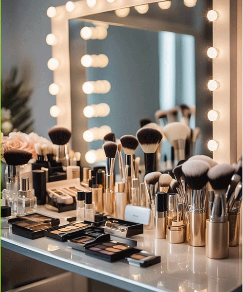 Schminktisch mit professionellen Make-up-Produkten, Pinseln und beleuchtetem Spiegel