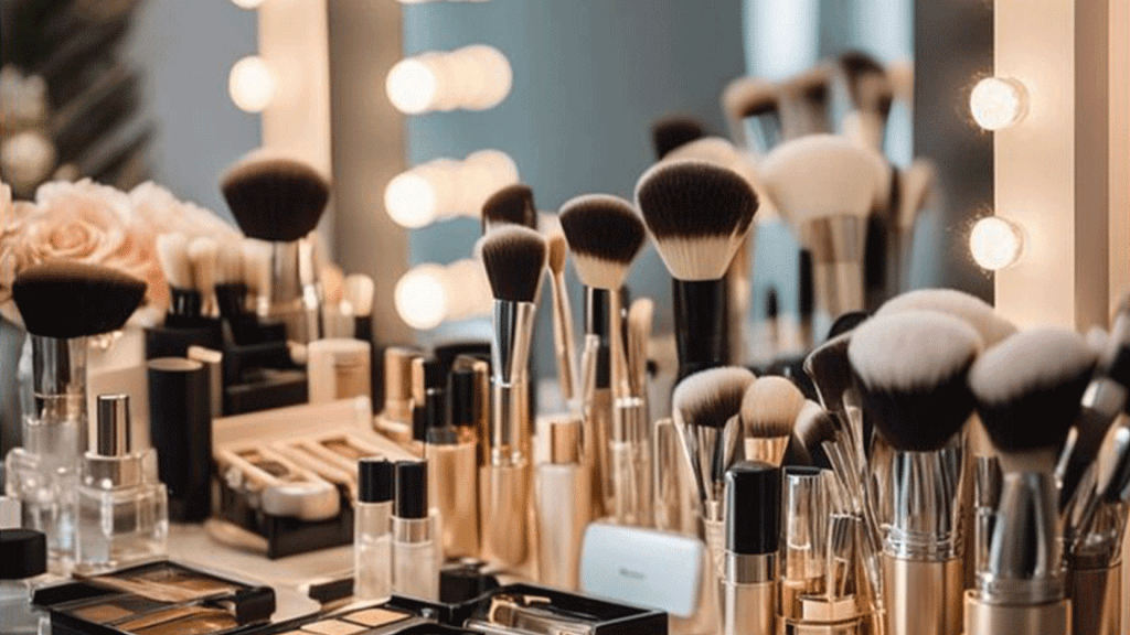 Nahaufnahme von professionellen Schminkpinseln und Beauty-Produkten auf einem Schminktisch